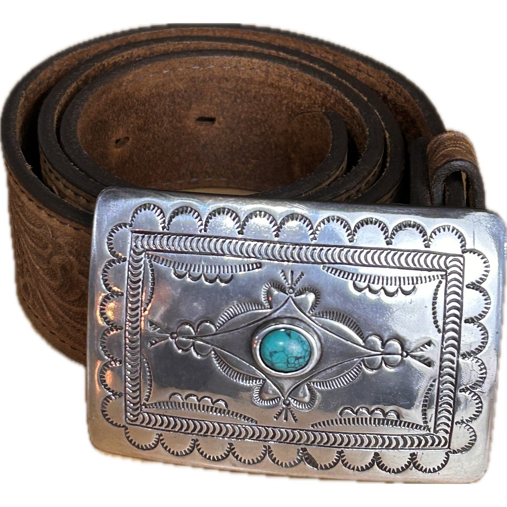 Tony Lama Mens Brown Tooled Leather Western Belt Turquoise Buckle 28 C50189 USA